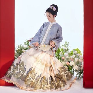 フリフ(ふりふ)の山水唄　織錦立襟衫馬面裙　青白緑金色トップス、スカートセット　明製漢服　着物和服(着物)