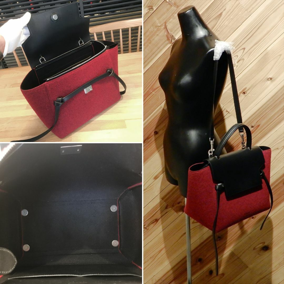 celine(セリーヌ)の超美品 セリーヌ ベルトバッグ ミニ ウール レザー 2WAYハンドバッグ 赤 レディースのバッグ(ハンドバッグ)の商品写真