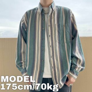 ラングラー(Wrangler)のWrangler ラングラー 極太ストライプシャツ ポケット L ベージュ 緑(Tシャツ/カットソー(半袖/袖なし))