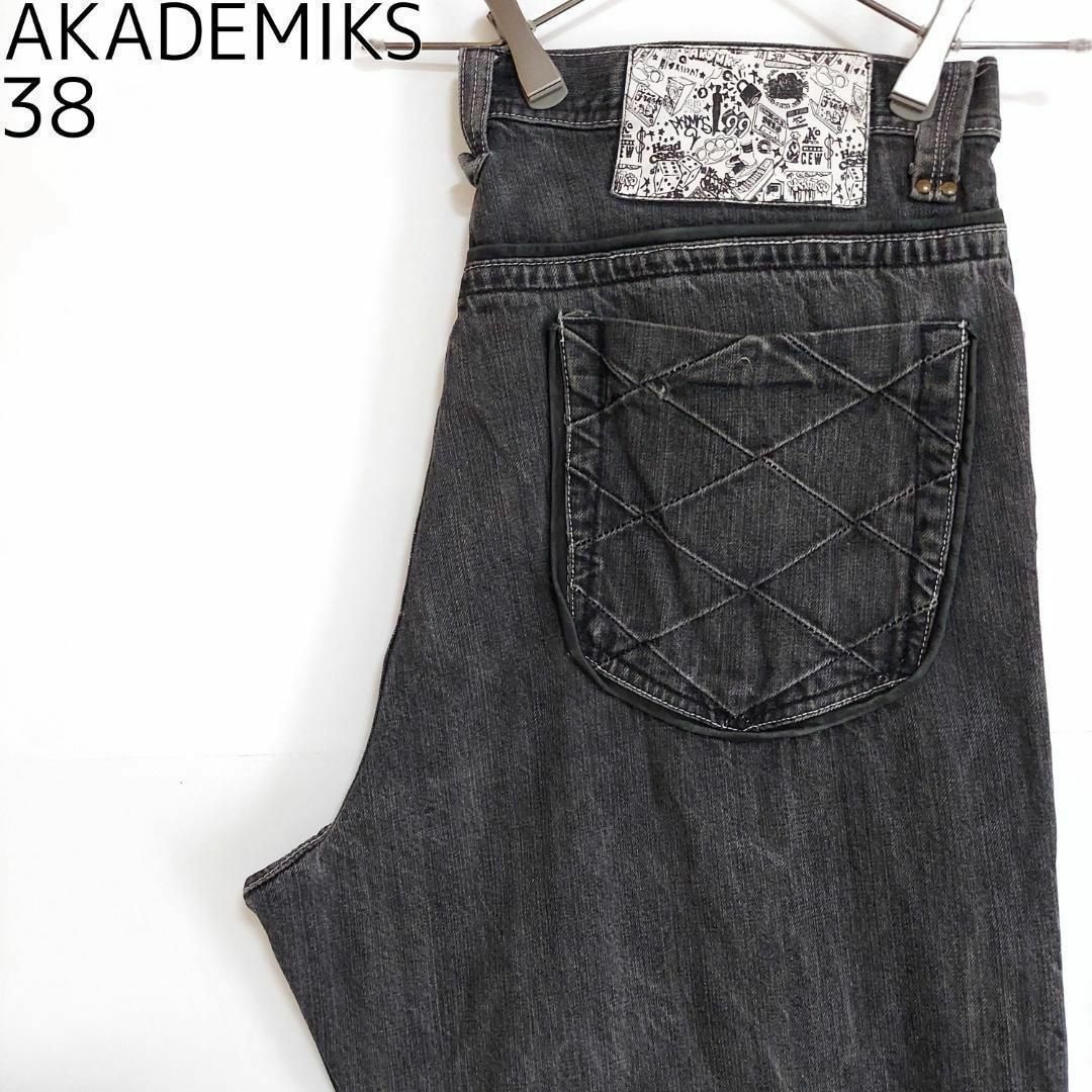 AKADEMIKS(アカデミクス)のアカデミクス W38 ブラックデニム 黒 レザー 異素材 デザインバギーパンツ メンズのパンツ(デニム/ジーンズ)の商品写真