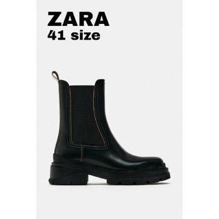 ZARA フロントジップブーツ　35　本革　レザー　トラックソール　ブラック　黒