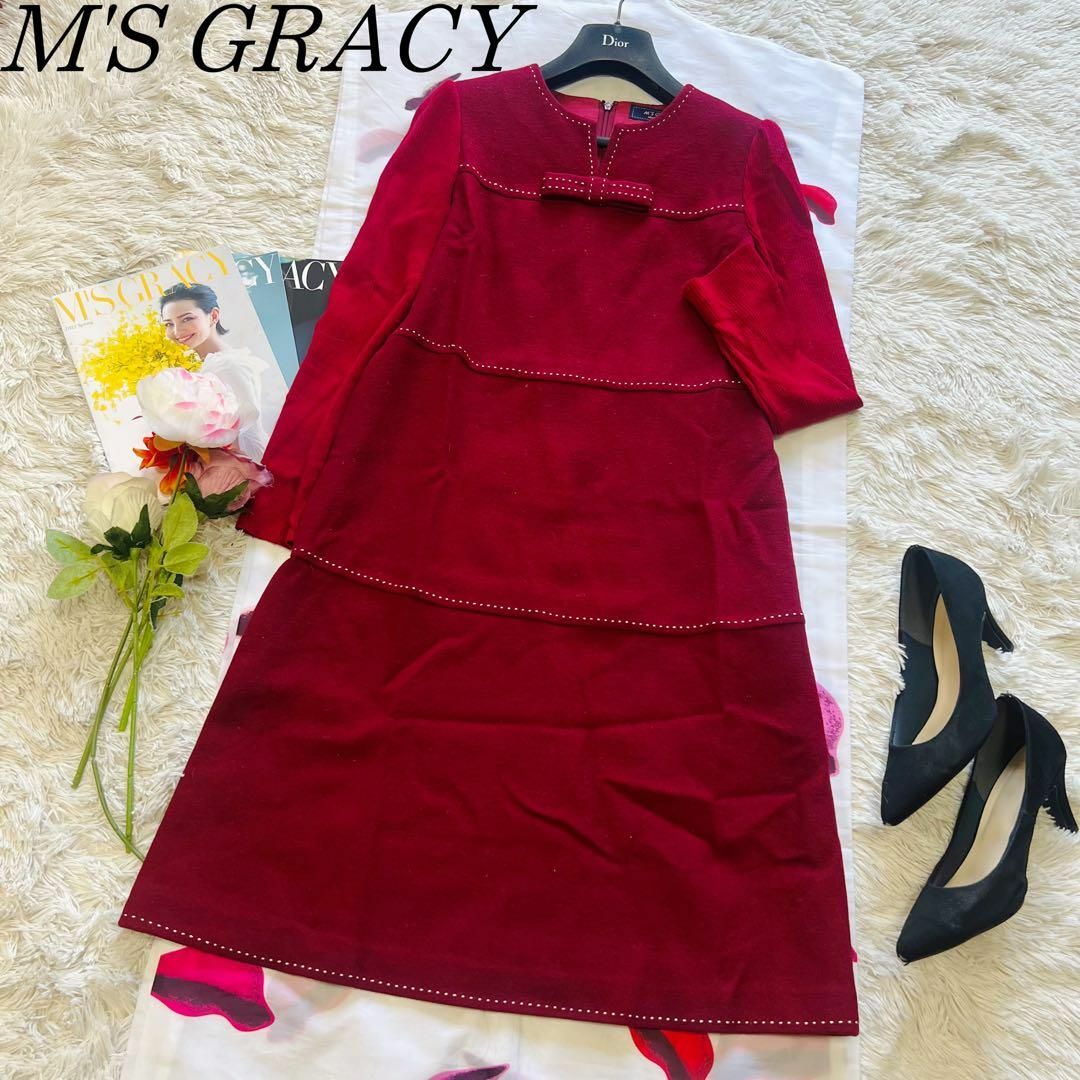 M'S GRACY(エムズグレイシー)の【良品】M'S GRACY 膝丈ワンピース レッド 長袖 40 リブニット袖 レディースのワンピース(ひざ丈ワンピース)の商品写真