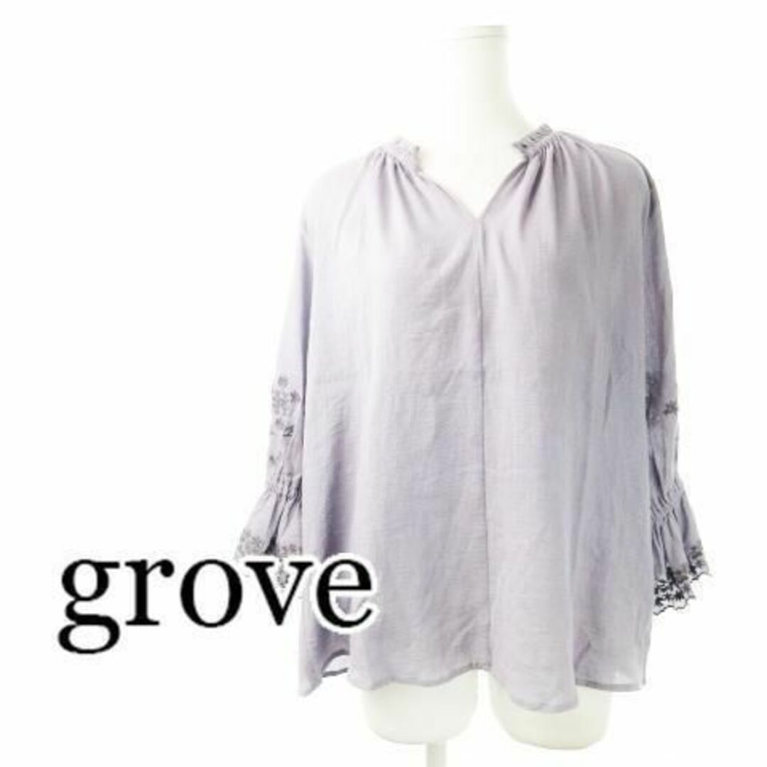 grove(グローブ)のグローブ コットン楊柳 Vネック 刺繍ブラウス M 紫 230829CK12A レディースのトップス(シャツ/ブラウス(長袖/七分))の商品写真