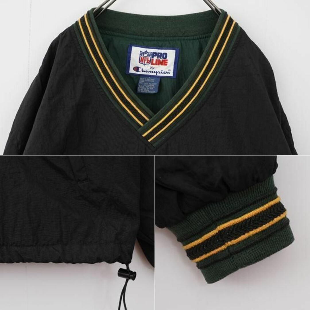 Champion(チャンピオン)のチャンピオン パッカーズ ナイロンジャケット ロゴ刺繍 L ブラック 黒 緑黄色 メンズのジャケット/アウター(ナイロンジャケット)の商品写真