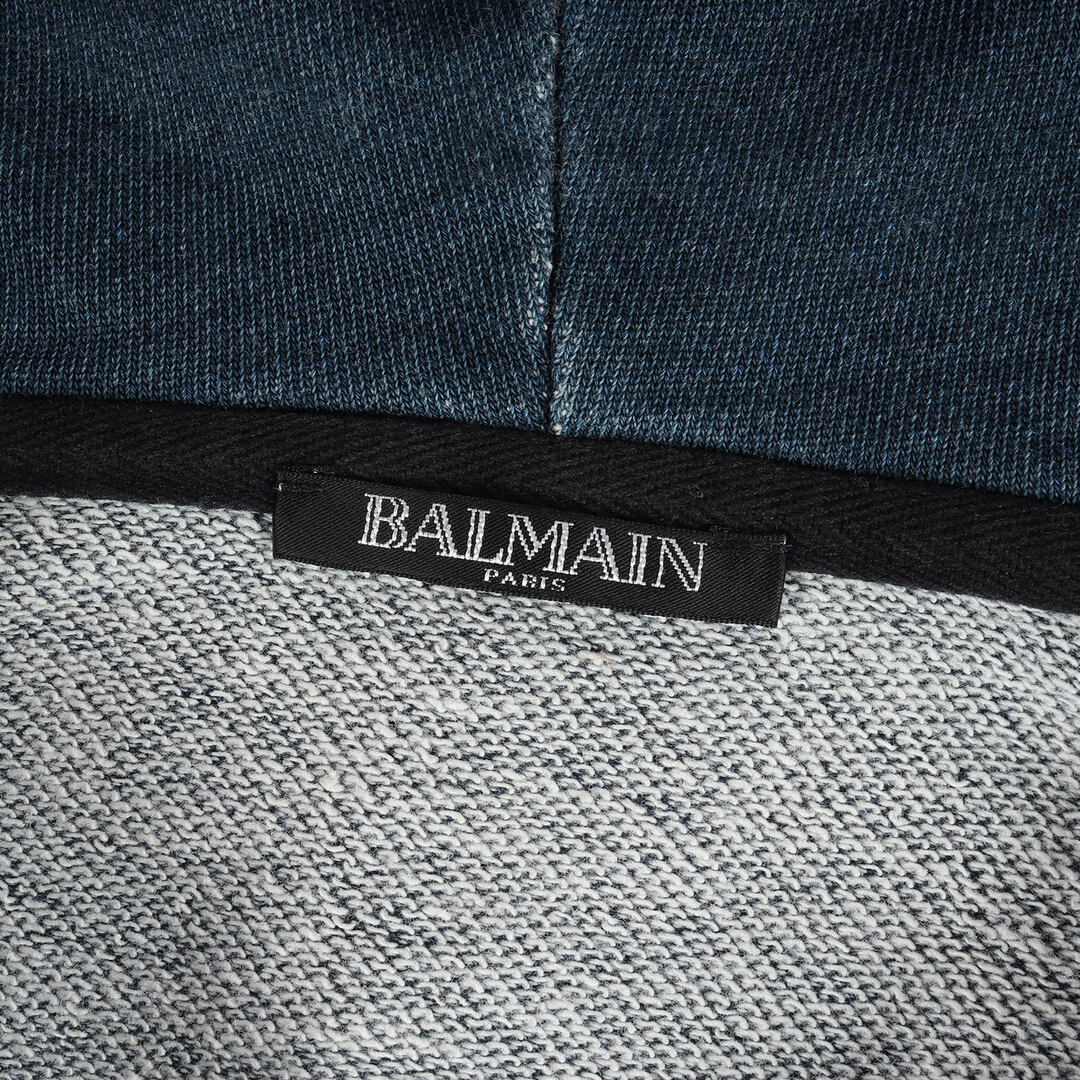 BALMAIN(バルマン)の美品 BALMAIN バルマン パーカー サイズ:XL 近年モデル ダメージ加工 サイドジップ スウェット パーカー RH03643J928 バイカー インディゴ ブルー トップス フーディー 【メンズ】【中古】 メンズのトップス(パーカー)の商品写真