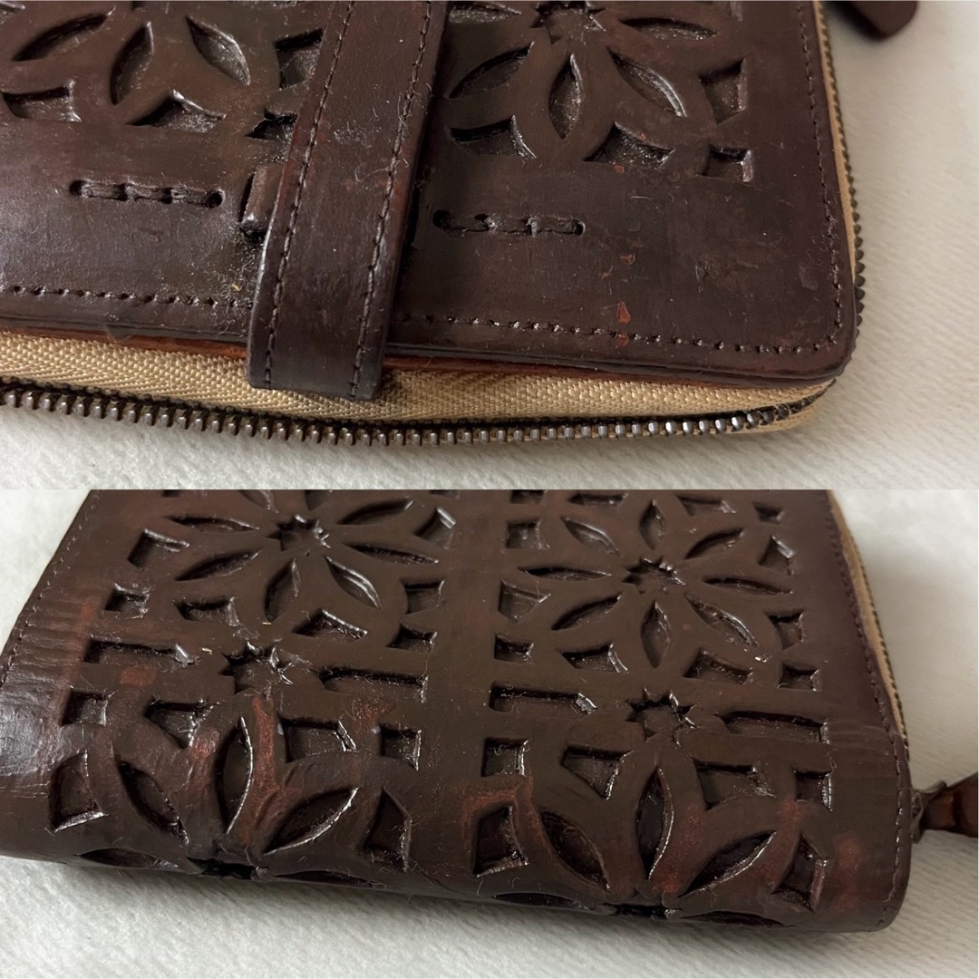 genten(ゲンテン)のゲンテン カットワーク レザー 二つ折り財布 本革 ブラウン  茶 レディースのファッション小物(財布)の商品写真