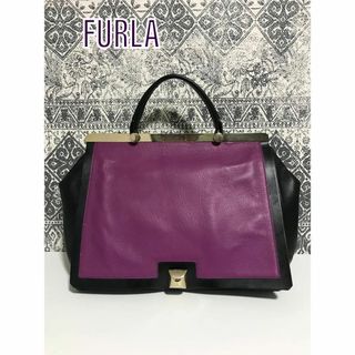 フルラ(Furla)の【美品】FURLA フルラ コルティナ レザー  ハンドバッグ パープル 黒(ハンドバッグ)