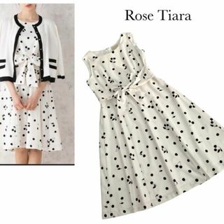 ローズティアラ(Rose Tiara)のローズティアラ＊チェリードット柄ワンピース　フレア　リボン　ノースリーブ　38(ひざ丈ワンピース)