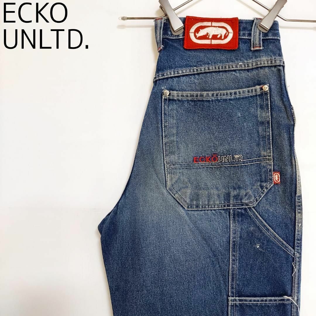 ECKŌ UNLTD（ECKO UNLTD）(エコーアンリミテッド)のエコーアンリミテッド ポケットロゴ刺繍 バギーペインターパンツ デニム 青 L レディースのパンツ(デニム/ジーンズ)の商品写真