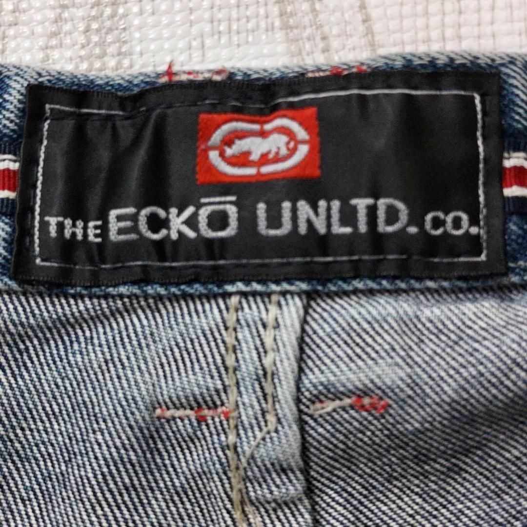 ECKŌ UNLTD（ECKO UNLTD）(エコーアンリミテッド)のエコーアンリミテッド ポケットロゴ刺繍 バギーペインターパンツ デニム 青 L レディースのパンツ(デニム/ジーンズ)の商品写真