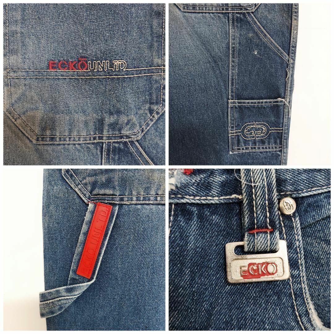 ECKŌ UNLTD（ECKO UNLTD）(エコーアンリミテッド)のエコーアンリミテッド ポケットロゴ刺繍 バギーペインターパンツ デニム 青 L レディースのパンツ(デニム/ジーンズ)の商品写真