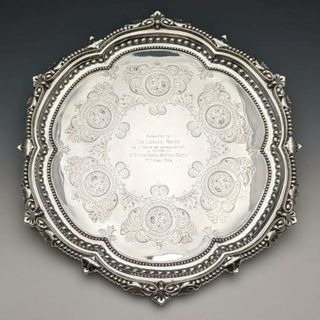 1903年 英国アンティーク 純銀製サルヴァ トレイ 直径32cm 824g GOLDSMITHS & SILVERSMITHS(その他)