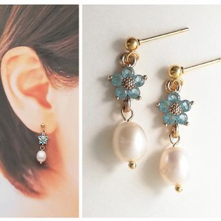 キュービックジルコニア 小花 アクア × 淡水パール ピアス/イヤリング(ピアス)