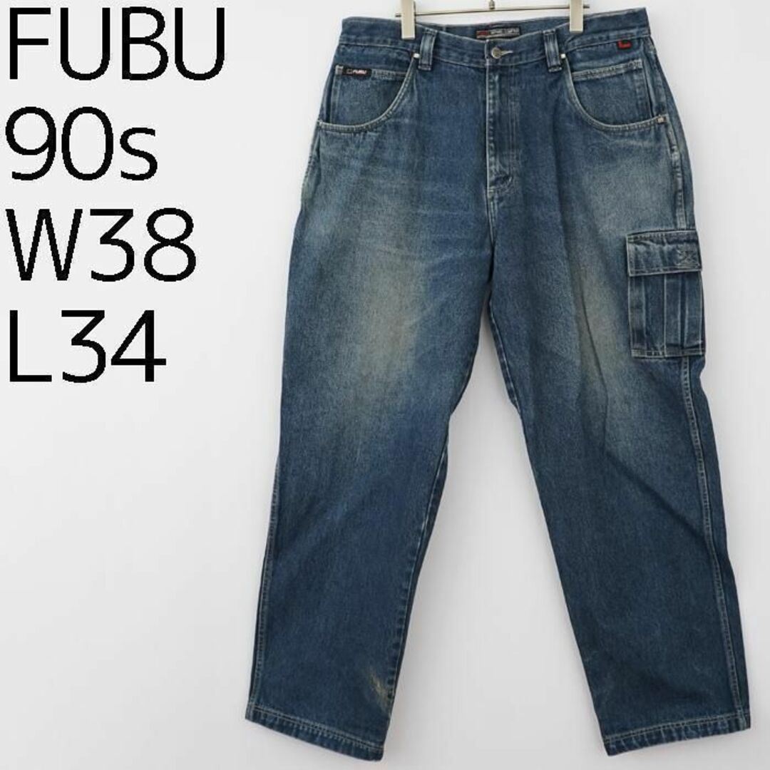 FUBU(フブ)のW38 FUBU フブ ロゴ刺繍 極太カーゴパンツ デニム ブルー 青 黒 赤 メンズのパンツ(デニム/ジーンズ)の商品写真