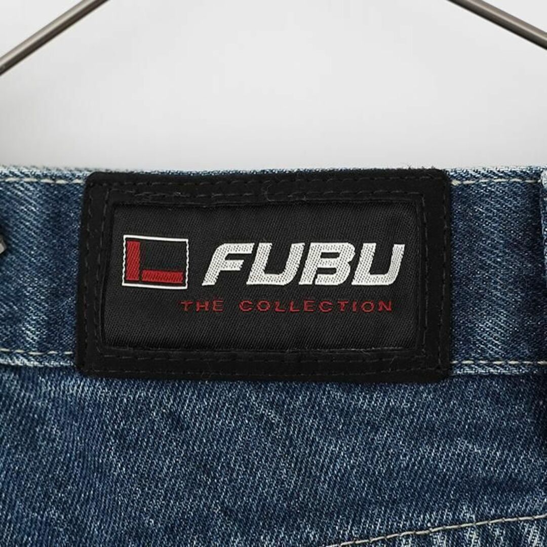 FUBU(フブ)のW38 FUBU フブ ロゴ刺繍 極太カーゴパンツ デニム ブルー 青 黒 赤 メンズのパンツ(デニム/ジーンズ)の商品写真