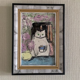 絵画。原画【ピンクのバラが咲いている時、猫ちゃんは椅子でコーヒーを飲みます】(絵画/タペストリー)