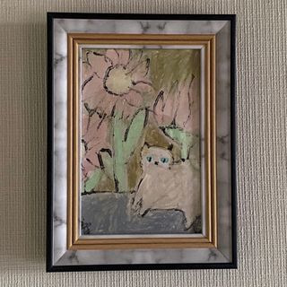 絵画。原画【可愛い白猫がピンクの花の海を楽しく走る】(絵画/タペストリー)