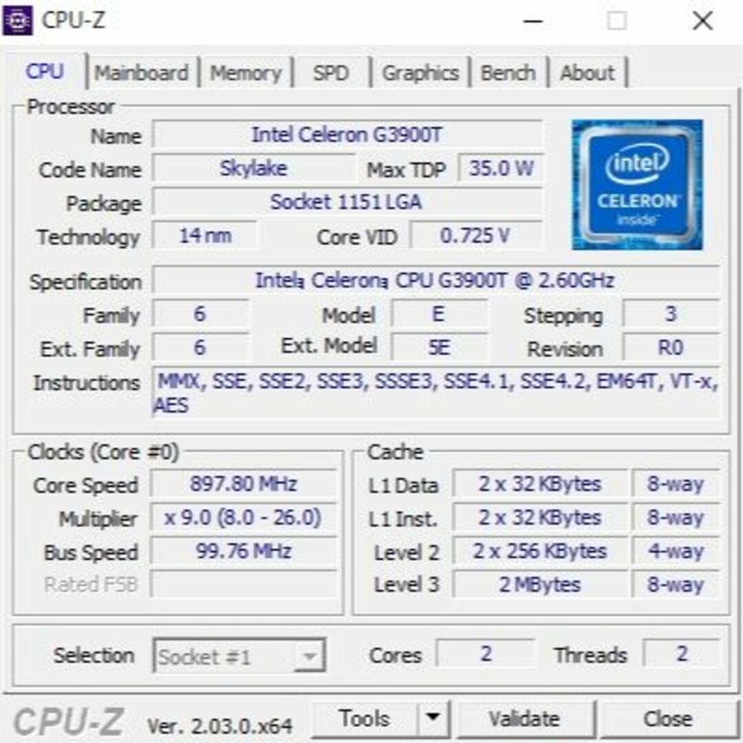 intel(インテル)の美品 Intel CPU Celeron G3900T LGA1151 PC スマホ/家電/カメラのPC/タブレット(PCパーツ)の商品写真