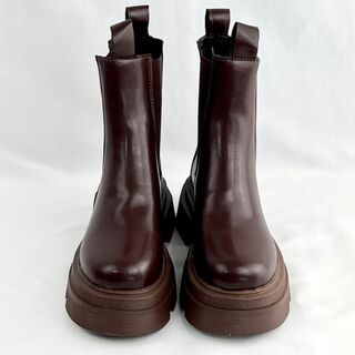 新品 24.0cm サイドゴアブーツ ショートブーツ 厚底 茶 ヒール 美脚(ブーツ)