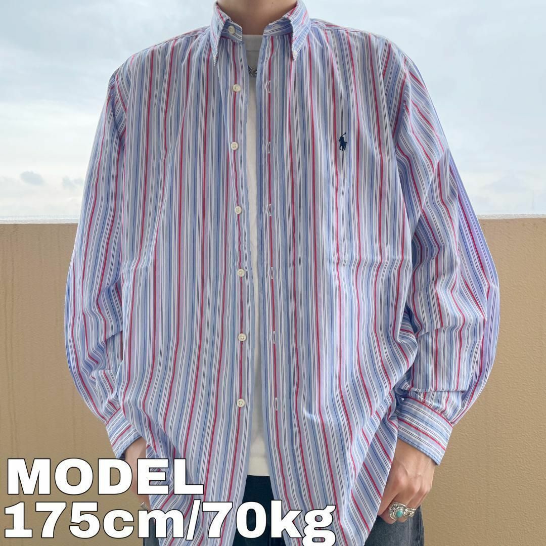 ポロバイラルフローレン BDストライプシャツ L ブルー 青 白 赤 ポロバイラルフローレン BDストライプシャツ L ブルー 青 白 赤