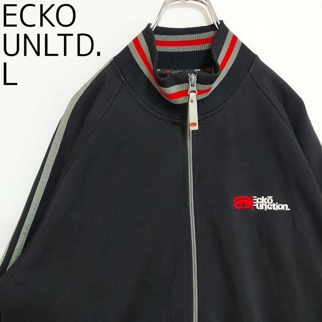ECKŌ UNLTD（ECKO UNLTD）(エコーアンリミテッド)のエコーアンリミテッド トラックジャケット リブ配色 ロゴ刺繍 L 黒 赤 グレー メンズのトップス(ジャージ)の商品写真
