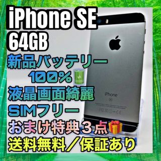 アイフォーン(iPhone)の格安　 iPhone SE SpaceGray 64GB SIMフリー 100%(スマートフォン本体)