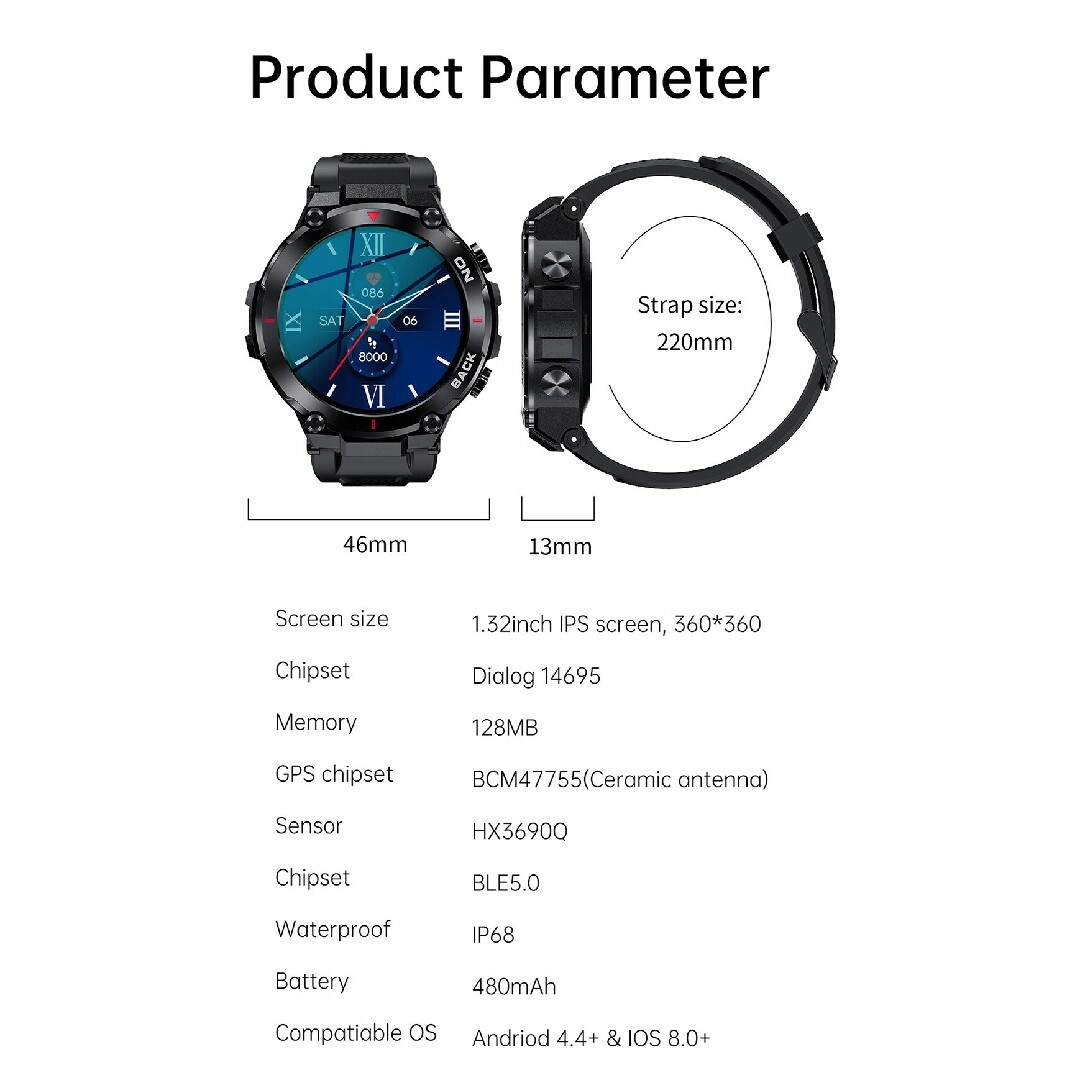 スマートウォッチ 軍用規格 新品 最新 高品質防水 GPS 日本語対応 ブラック メンズの時計(腕時計(デジタル))の商品写真