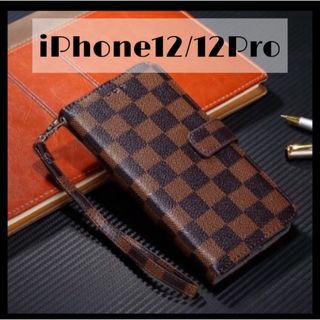 チェック柄 手帳型 iPhoneケース iPhone12/12Pro ブラウン(iPhoneケース)