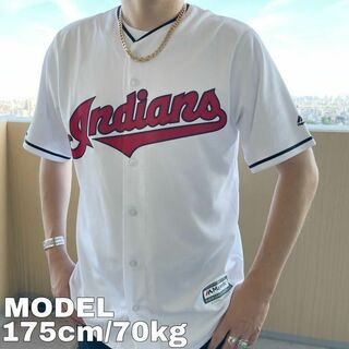 マジェスティック(Majestic)のインディアンス マジェスティック MLB ゲームシャツ M 白赤両面チームロゴ(Tシャツ/カットソー(半袖/袖なし))