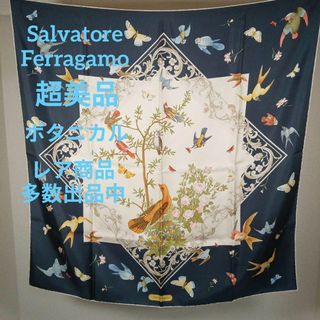 サルヴァトーレフェラガモ(Salvatore Ferragamo)のⅩⅣ140超美品　サルヴァトーレフェラガモ　スカーフ　ボタニカル　鳥　花柄　紺系(バンダナ/スカーフ)