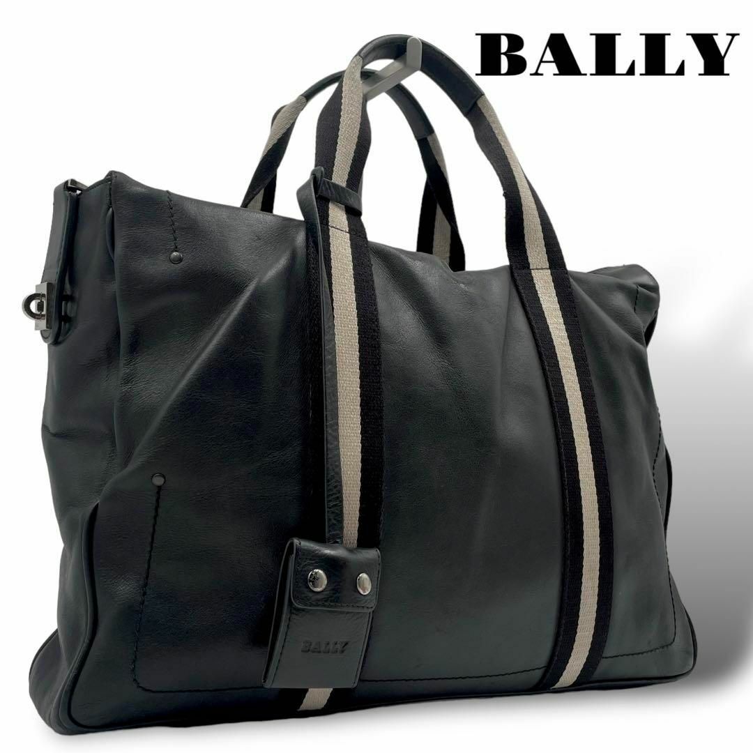 Bally(バリー)の大容量 BALLY トートバッグ ブリーフケース オールレザー ストライプ 黒 メンズのバッグ(ビジネスバッグ)の商品写真