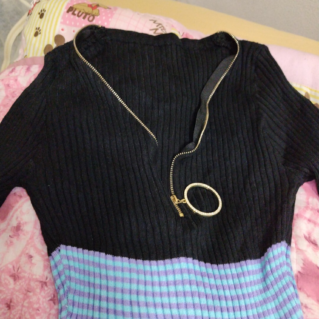 夢展望(ユメテンボウ)の胸元zip付きマルチボーダー柄ニットワンピース レディースのワンピース(ミニワンピース)の商品写真