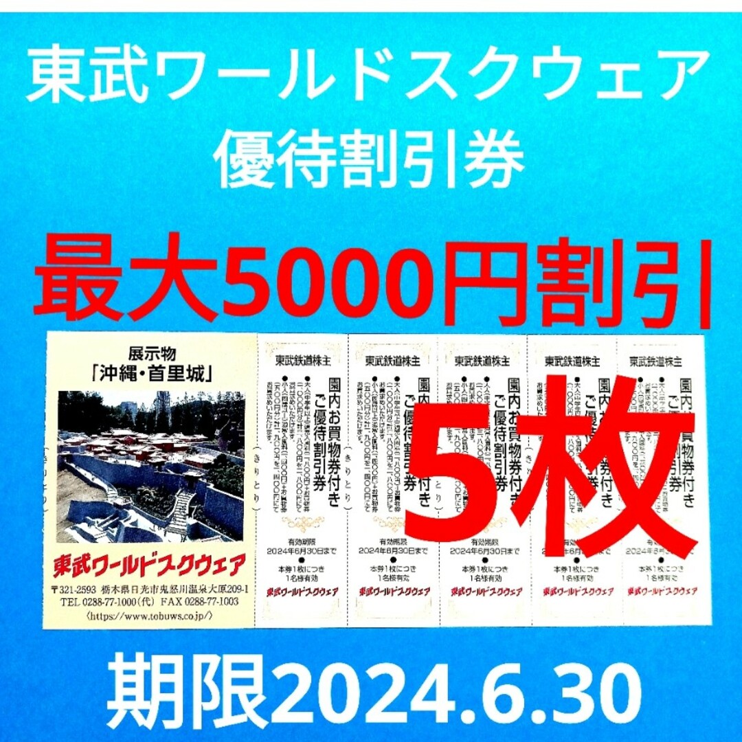 【5枚】東武ワールドスクウェア割引券5枚 チケットの施設利用券(遊園地/テーマパーク)の商品写真