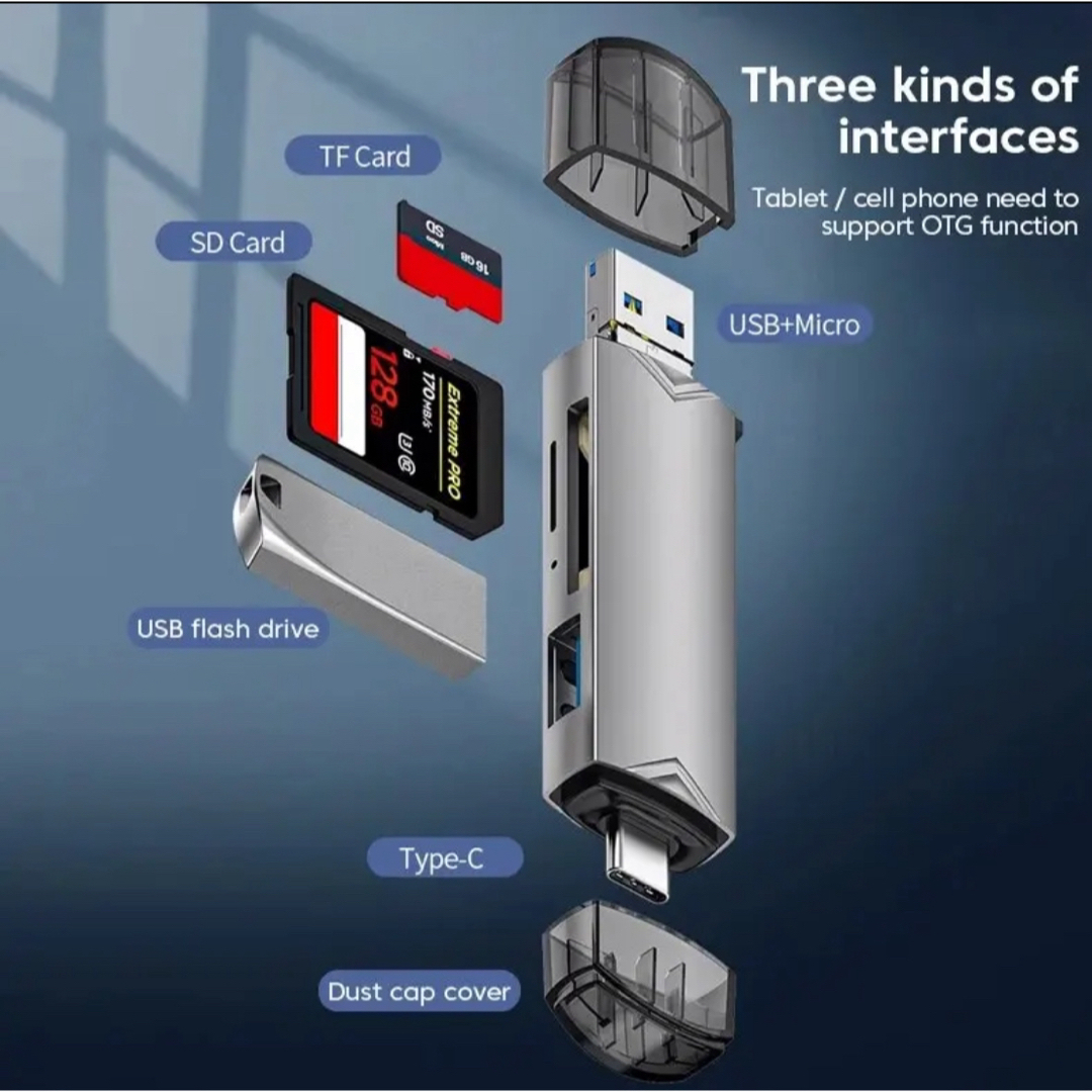  6-in-1 SDカードリーダー Type-C/USB/TF/SD 多機能  スマホ/家電/カメラのPC/タブレット(PC周辺機器)の商品写真