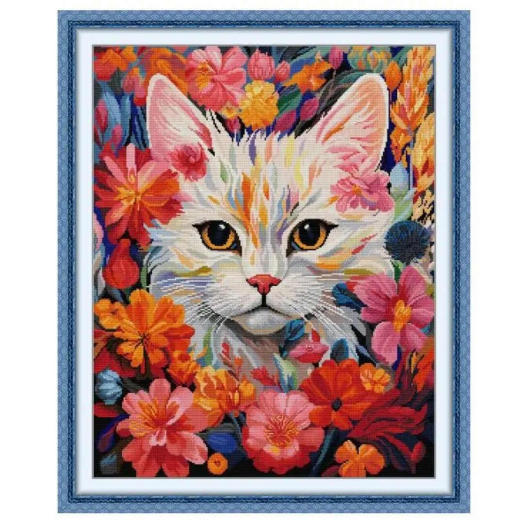 クロスステッチキット 白猫と花 14CT 刺繍 ハンドメイドの素材/材料(生地/糸)の商品写真