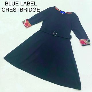 ブラックレーベルクレストブリッジ(BLACK LABEL CRESTBRIDGE)の美品　ブルーレーベルクレストブリッジ　バーバリー　ニットワンピース　ベルト付き(ひざ丈ワンピース)