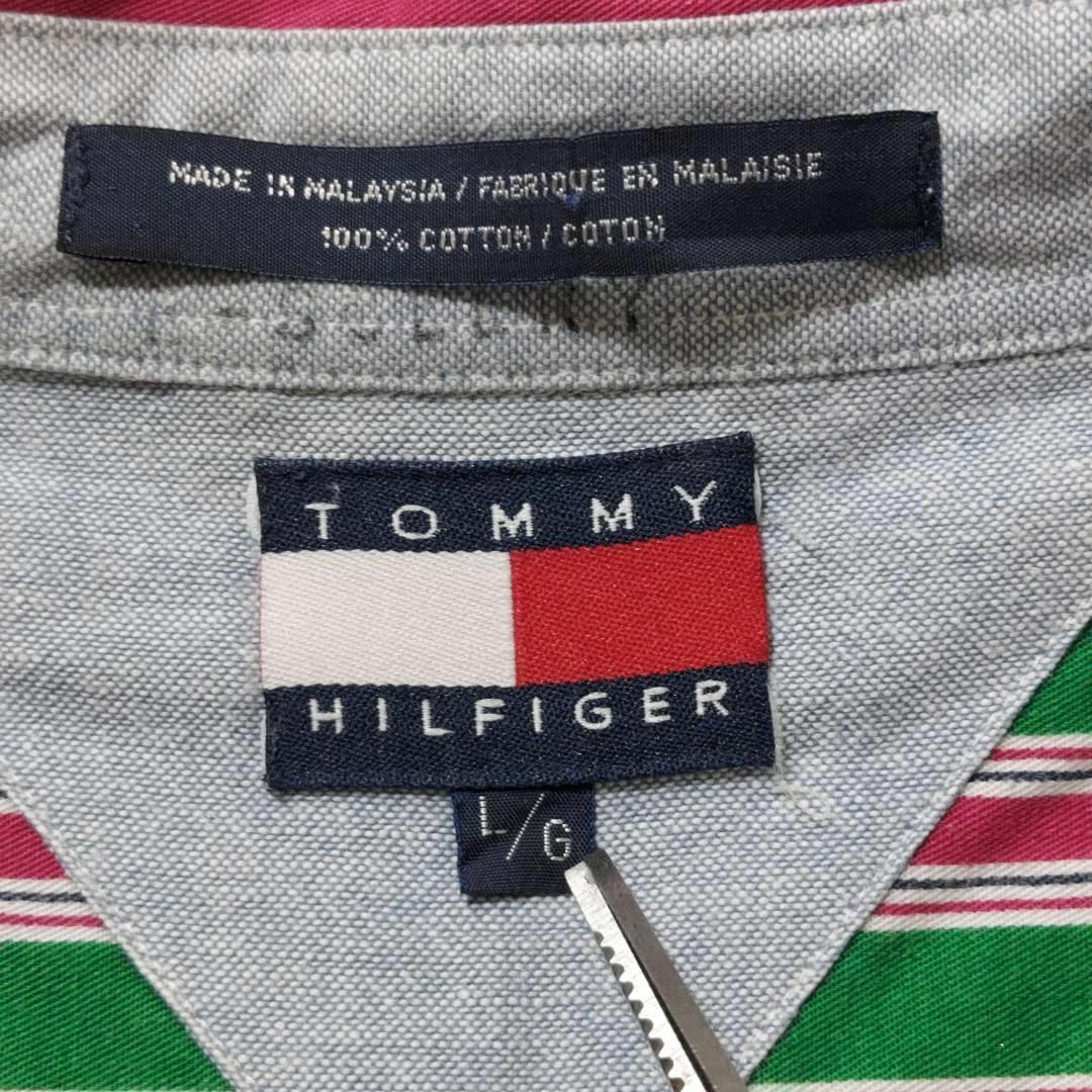 TOMMY HILFIGER(トミーヒルフィガー)のトミーヒルフィガー ポケット付き 半袖ストライプシャツ エンブレム刺繍 L 緑 メンズのトップス(シャツ)の商品写真