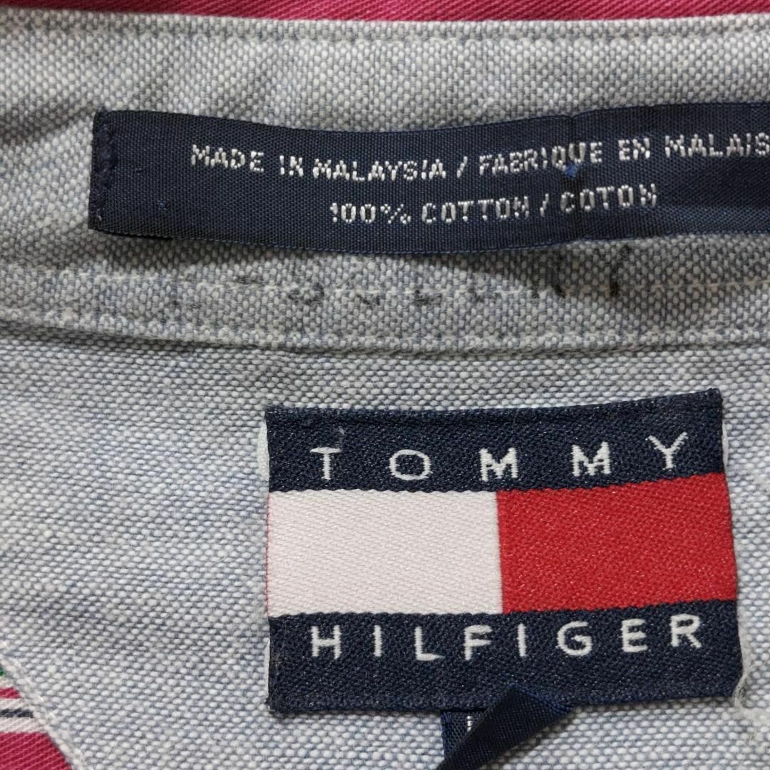 TOMMY HILFIGER(トミーヒルフィガー)のトミーヒルフィガー ポケット付き 半袖ストライプシャツ エンブレム刺繍 L 緑 メンズのトップス(シャツ)の商品写真