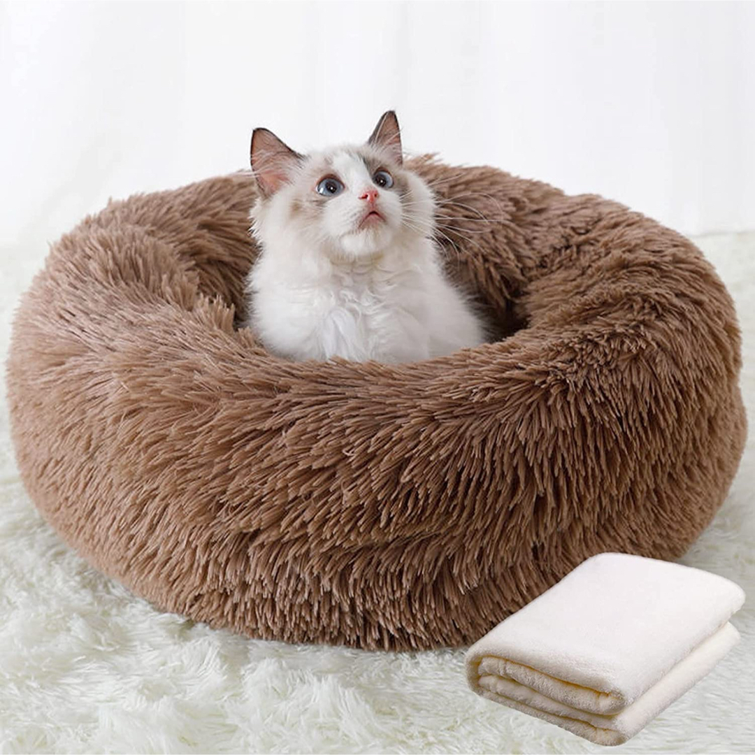 ペットベッド猫・犬用 ふわふわ 可愛い ブランケット付き 丸型 60CMブラウン その他のペット用品(猫)の商品写真