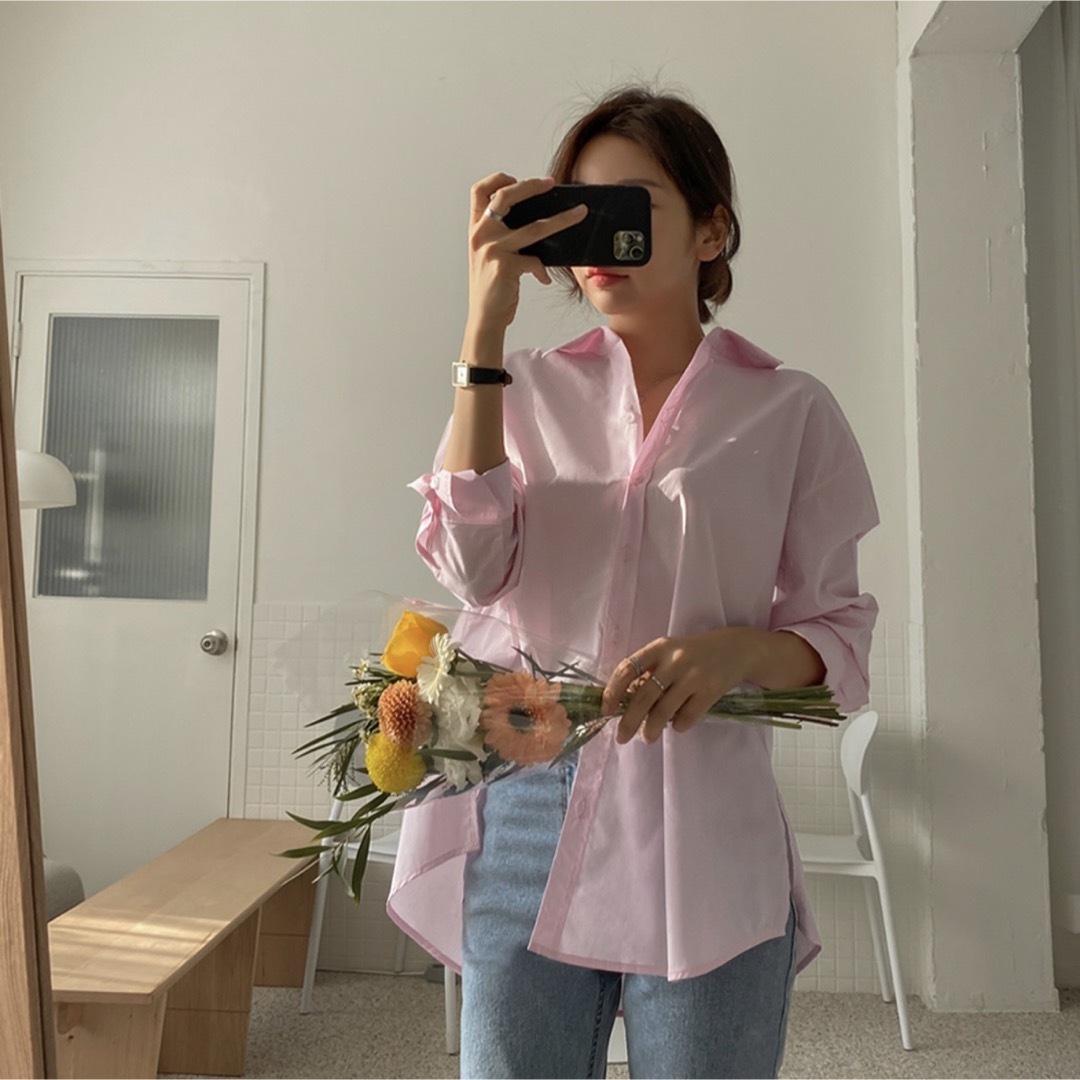 バルーン袖カラフルコットンシャツ パープル 薄紫 韓国ファッション レディースのトップス(シャツ/ブラウス(長袖/七分))の商品写真