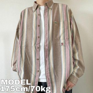 トミーヒルフィガー(TOMMY HILFIGER)の90s トミーヒルフィガー ストライプシャツ XL 胸ポケット ベージュ 緑(Tシャツ/カットソー(半袖/袖なし))