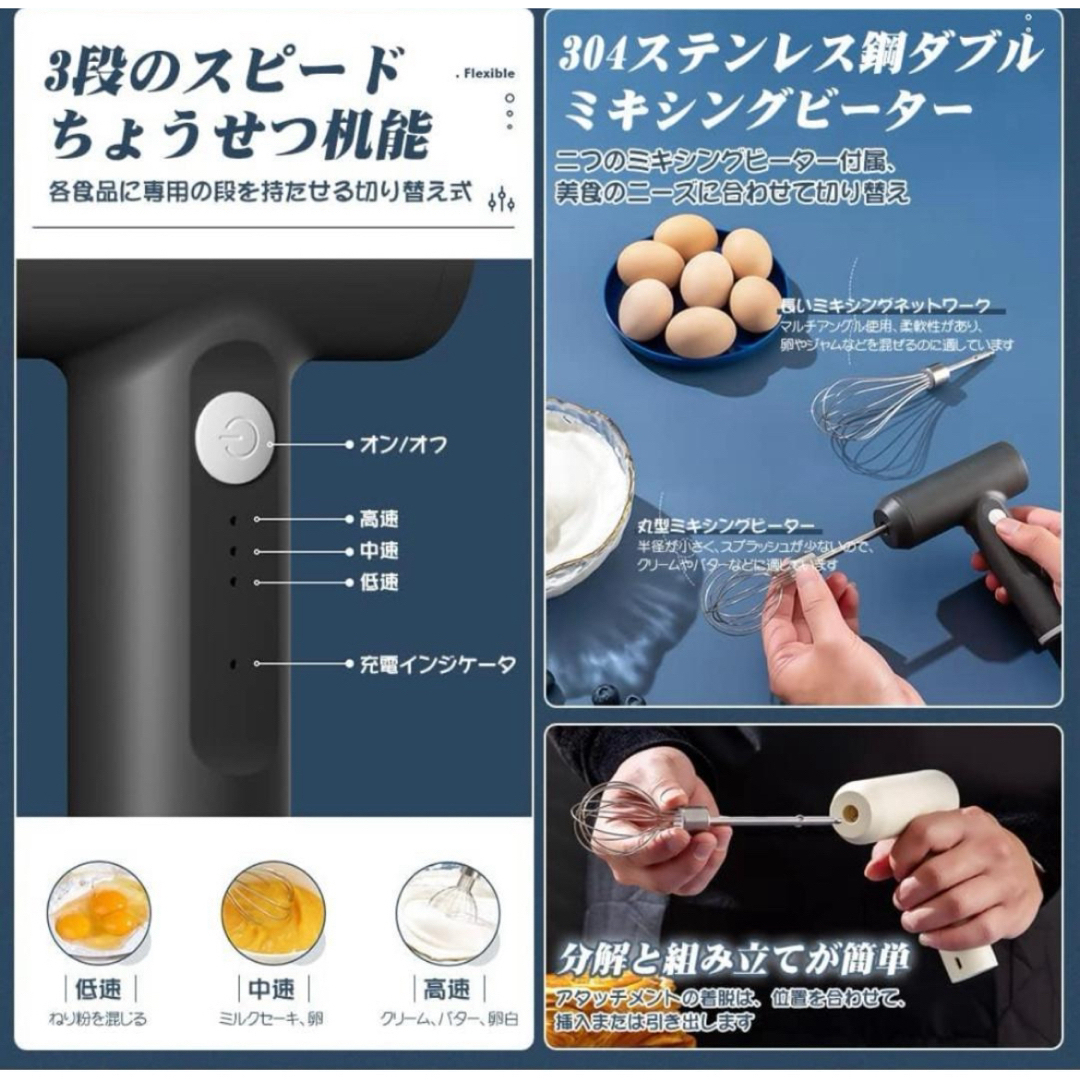 新品　未使用　ハンドミキサー 小型サイズ泡立て器 コードレス スピード調節 電動 スマホ/家電/カメラの調理家電(ジューサー/ミキサー)の商品写真