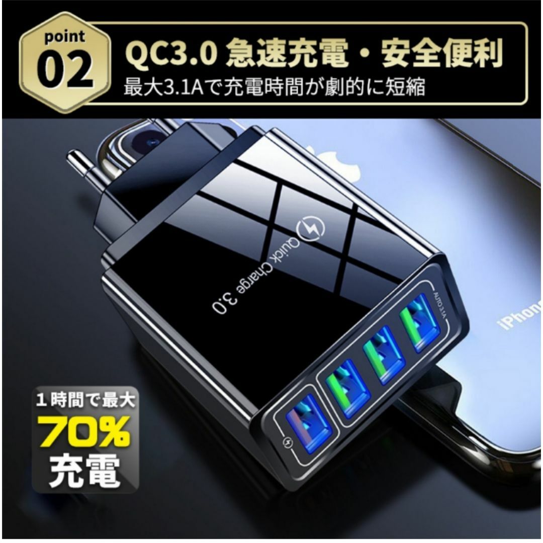 【2個セット】USB充電器 4ポート ACアダプター 携帯 QC3.0 急速充電 スマホ/家電/カメラのスマホアクセサリー(その他)の商品写真