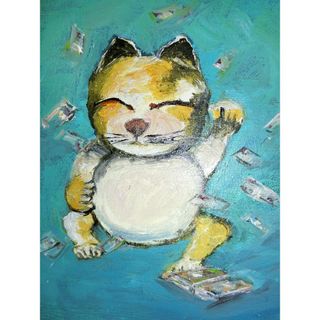 sale【ART】島本良平真筆(招き猫に札)サムホール(絵画/タペストリー)