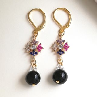 モリオン&水晶 × 花モチーフ フレンチフック ゴールド サージカルステンレス(ピアス)