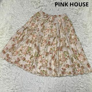 未使用ピンクハウスはプリーツロングスカート、ポリエステル素材。薔薇柄グリーン
