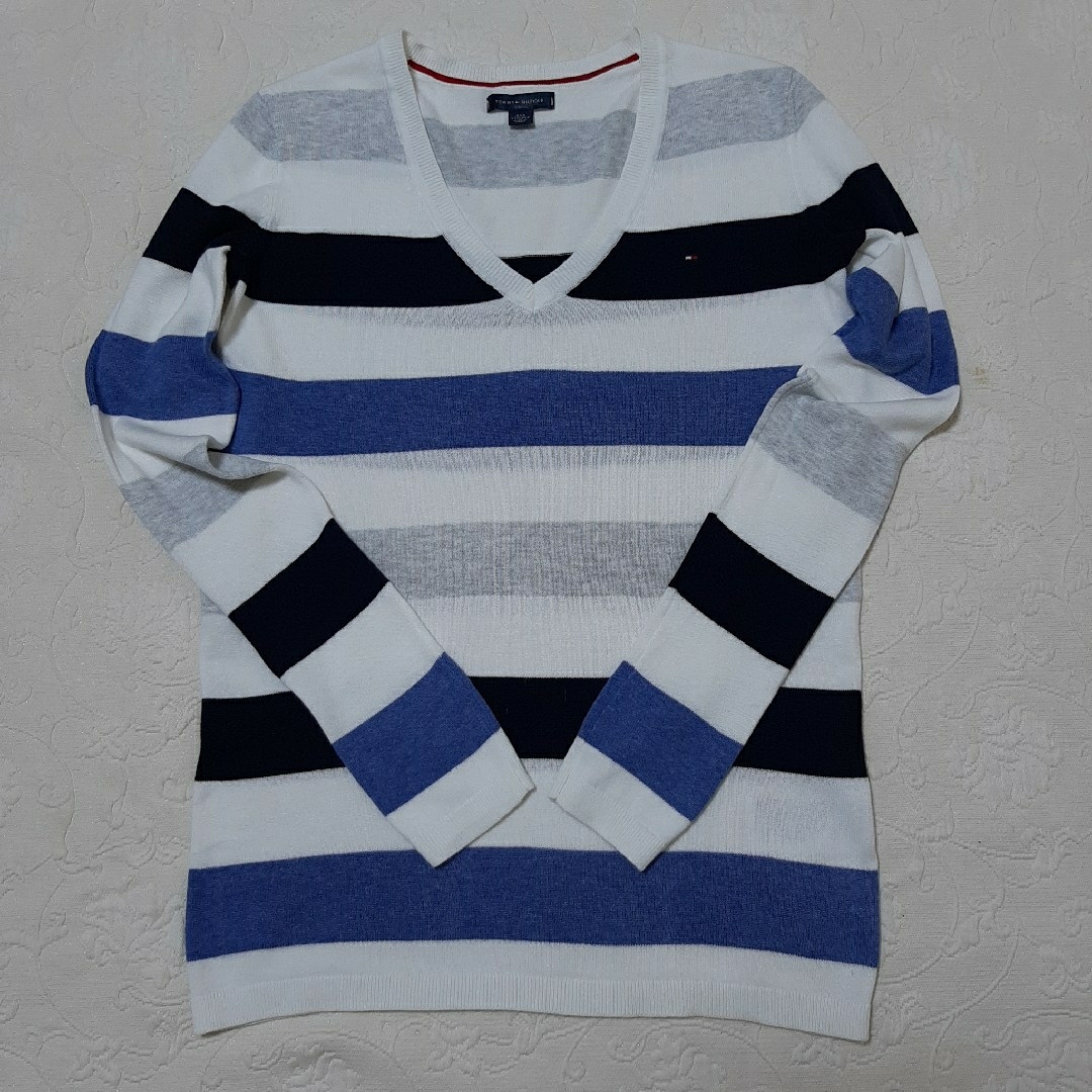 TOMMY HILFIGER(トミーヒルフィガー)の#TOMMY HILFIGER／コットン100%ニット／白青紺ボーダー／S／美品 レディースのトップス(ニット/セーター)の商品写真