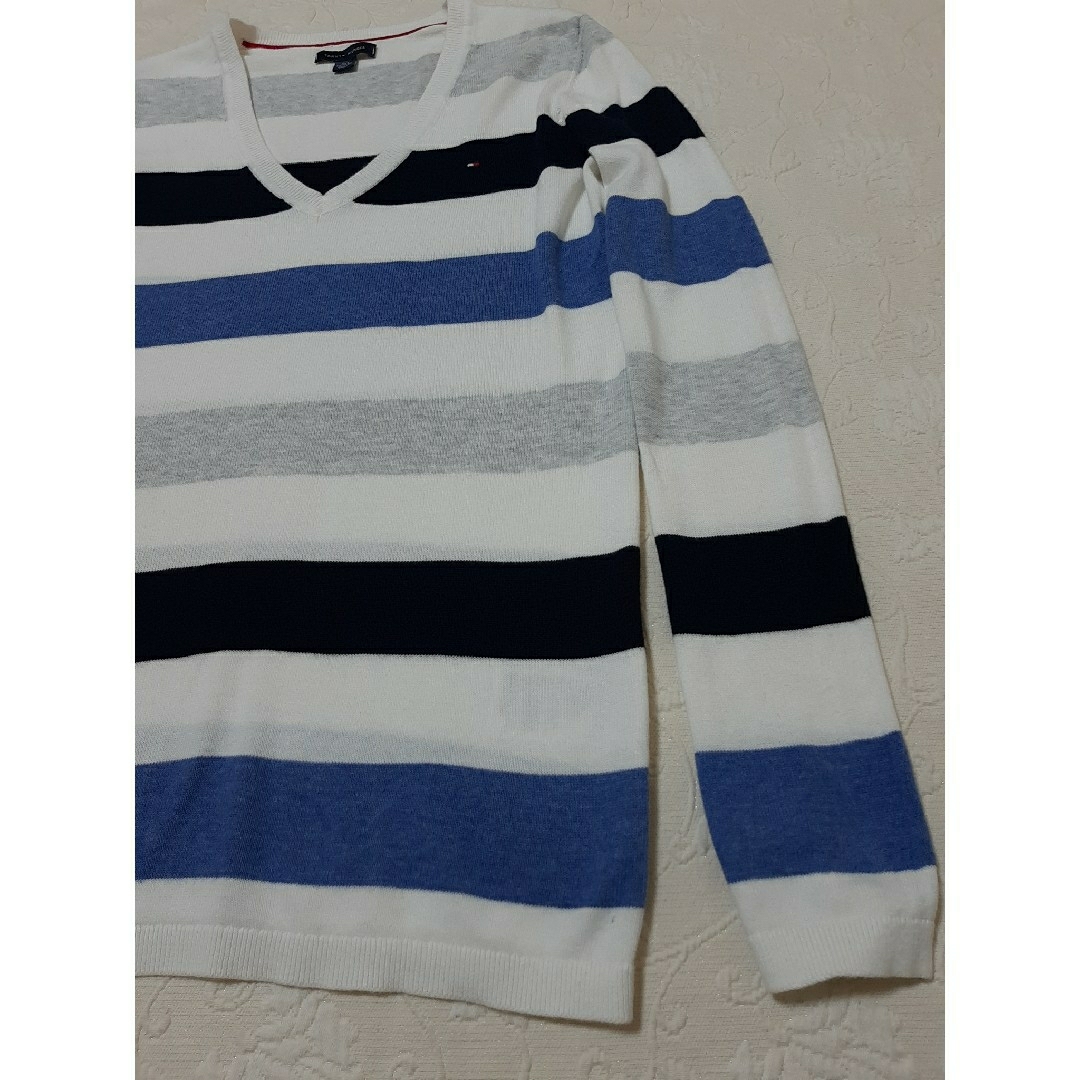 TOMMY HILFIGER(トミーヒルフィガー)の#TOMMY HILFIGER／コットン100%ニット／白青紺ボーダー／S／美品 レディースのトップス(ニット/セーター)の商品写真