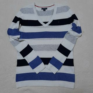 トミーヒルフィガー(TOMMY HILFIGER)の#TOMMY HILFIGER／コットン100%ニット／白青紺ボーダー／S／美品(ニット/セーター)