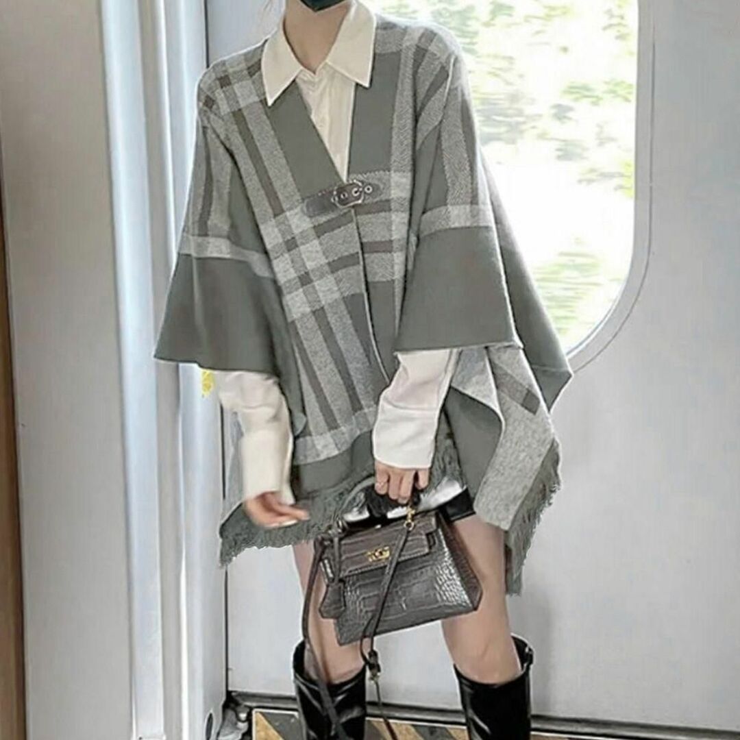 チェック柄 ケープ ニットショール ポンチョ レディース 韓国 ニットマント レディースのファッション小物(マフラー/ショール)の商品写真